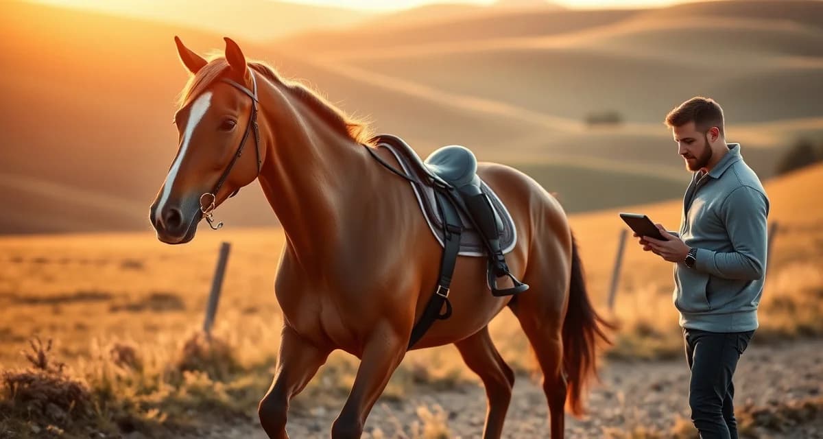 Endurance horse owner reviewing daily training data and heart rate recovery information on tablet during conditioning ride