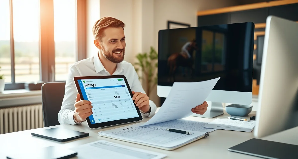 Equestrian facility manager using barn billing and invoicing software to manage boarding facility finances and payment processing