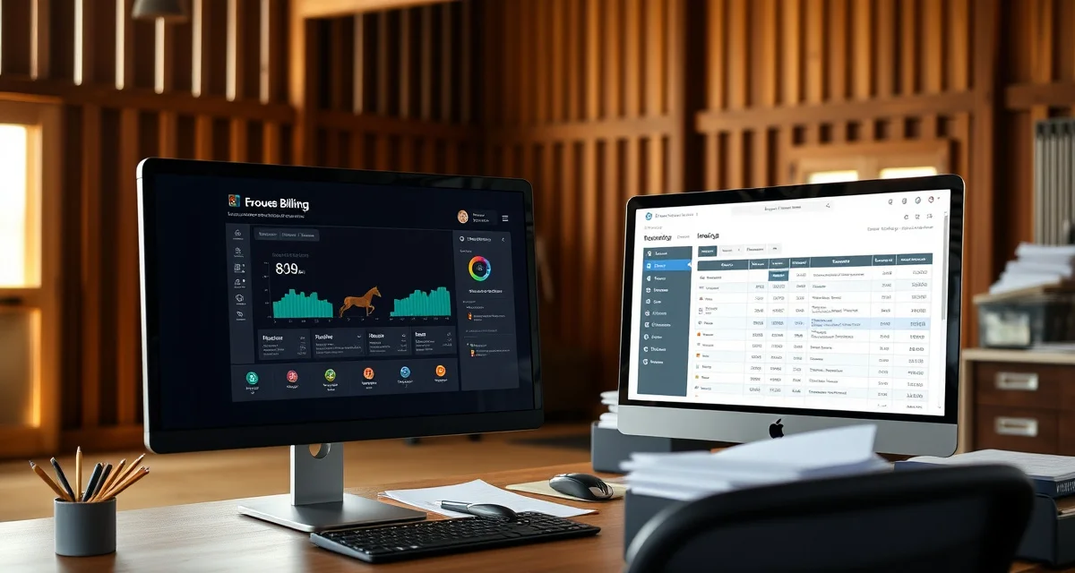 Horse barn billing software dashboard displayed on computer screen in modern barn office with invoices and organizational tools visible.