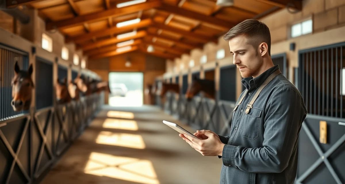 Colorado equestrian facility manager using digital management software on tablet in modern horse barn stable