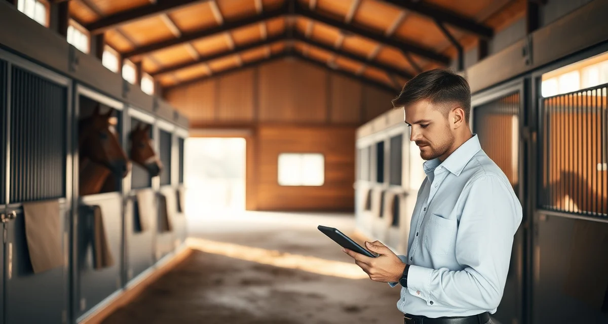 Modern horse barn with organized stalls and digital management system for equestrian facility operations in Iowa