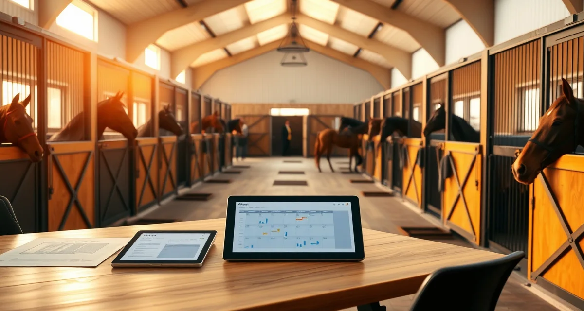 Modern horse barn management setup showing digital facility software interface for scheduling, invoicing, and record-keeping in Massachusetts equestrian facility