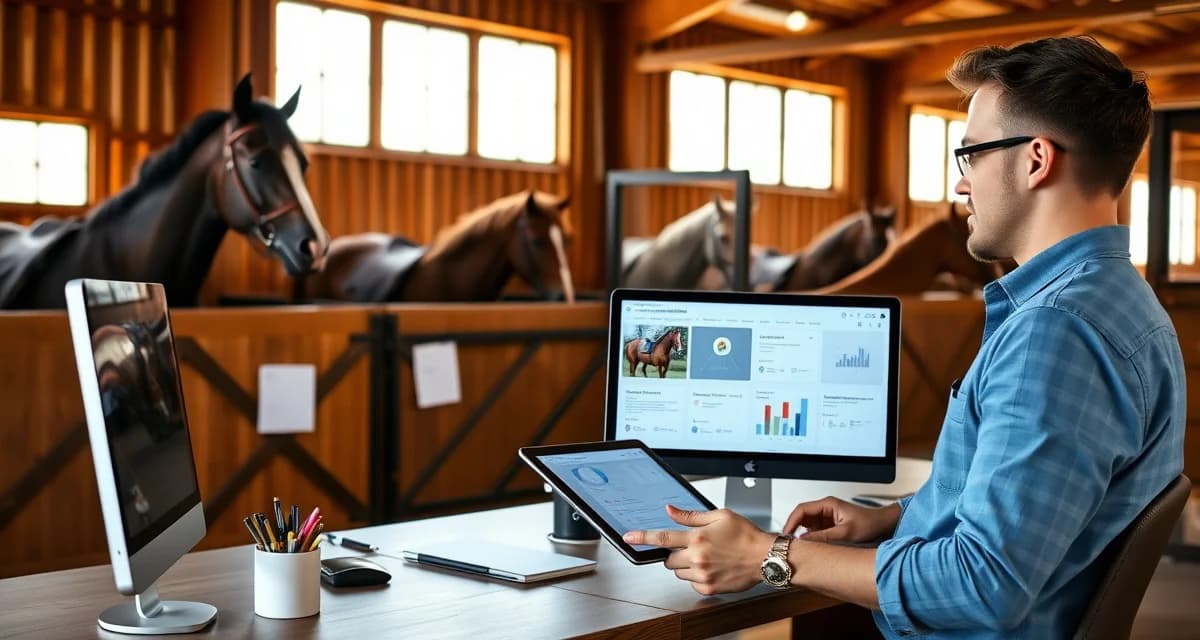 Equestrian facility manager using specialized barn management software on tablet in a Mississippi horse stable office environment