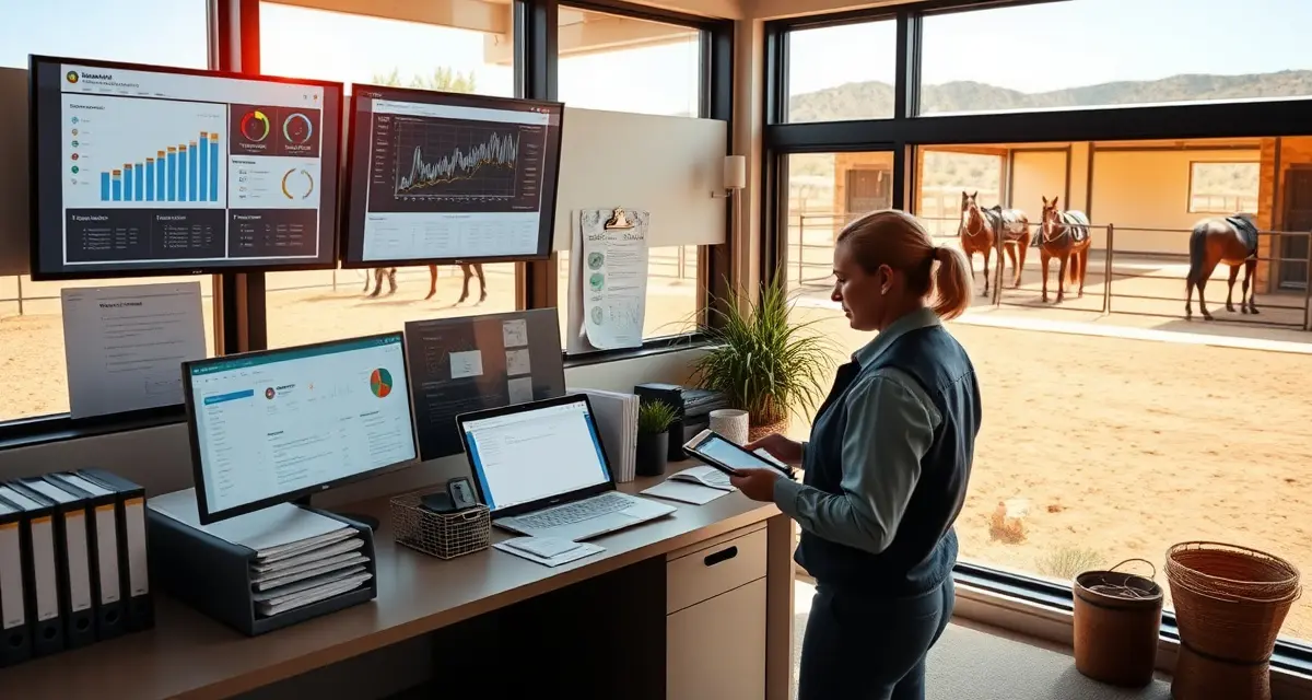 Modern equestrian facility management software dashboard displayed on computer screen in barn office with organized workspace and desert landscape visible through windows.