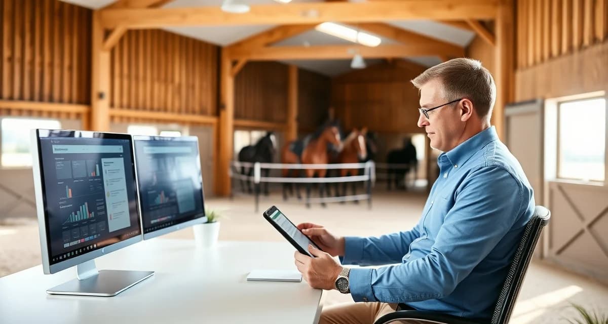 Equestrian facility manager using horse barn management software on tablet in modern New Jersey stable office