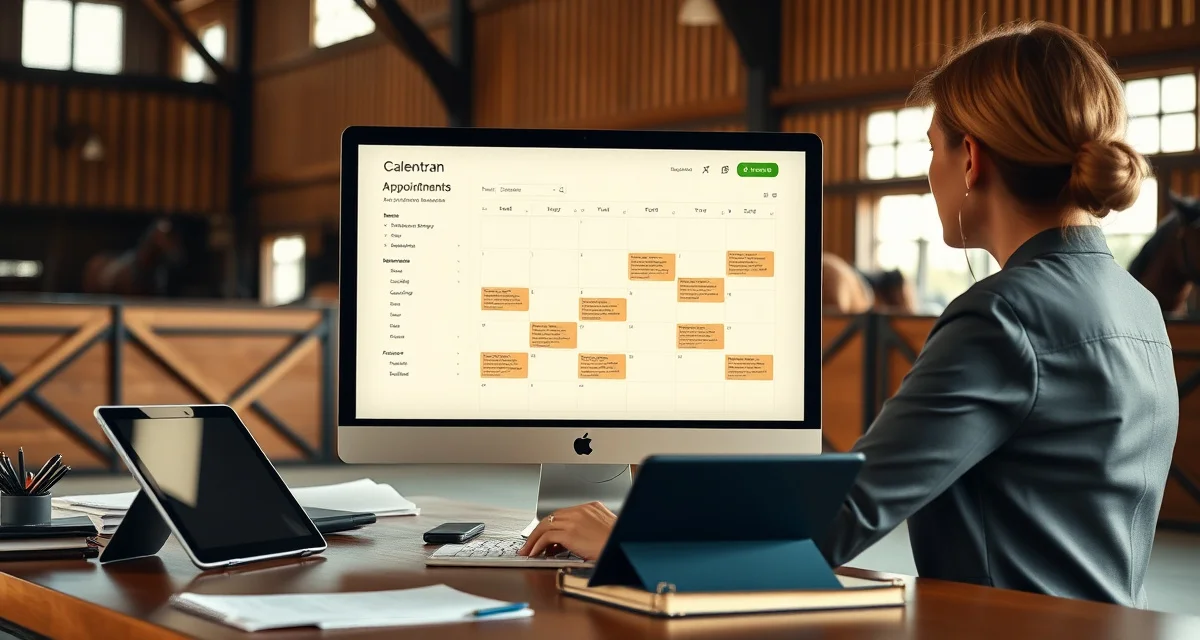 Barn manager using appointment scheduling software to coordinate veterinary and farrier visits for horse care management