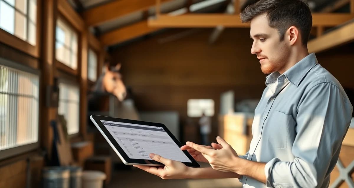 Horse barn manager using digital shift log template to document handover notes between stable crew shifts