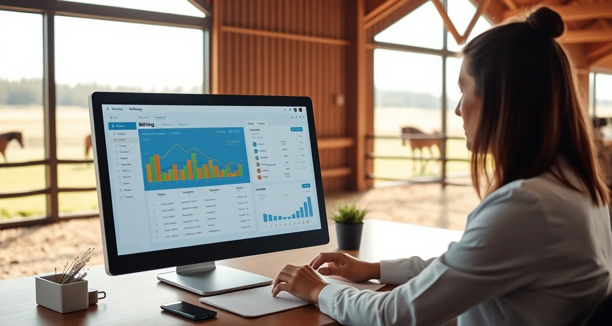 Barn manager using equine billing software on computer displaying organized payment tracking and financial management dashboard