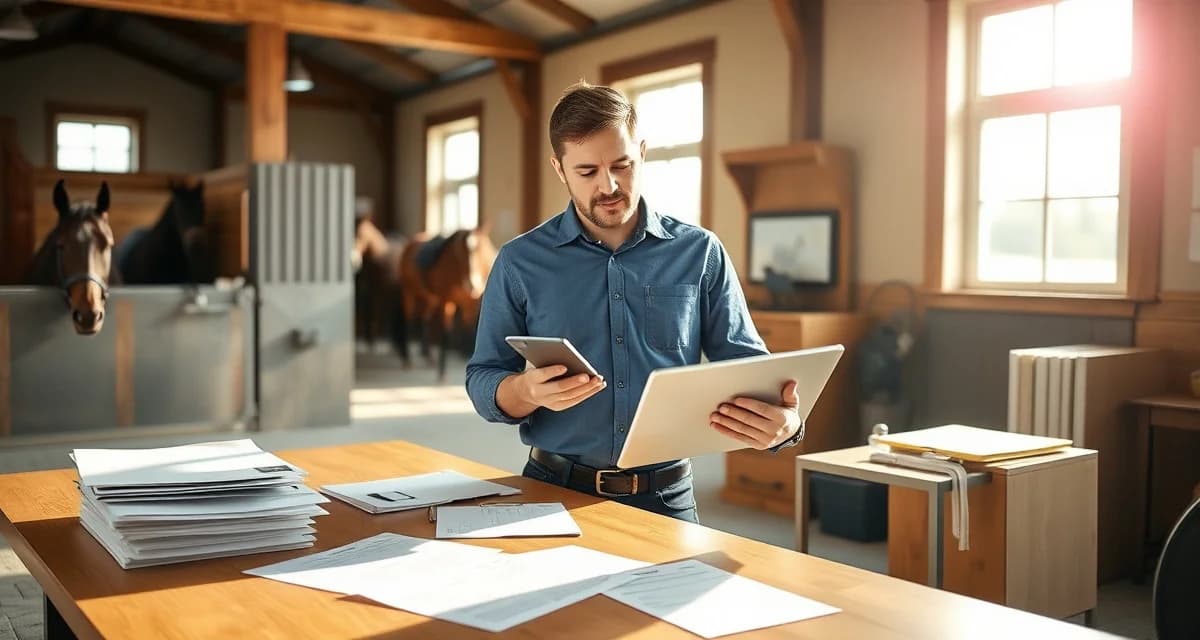 Horse barn manager reviewing digital boarding agreements and contracts on tablet in organized stable facility office