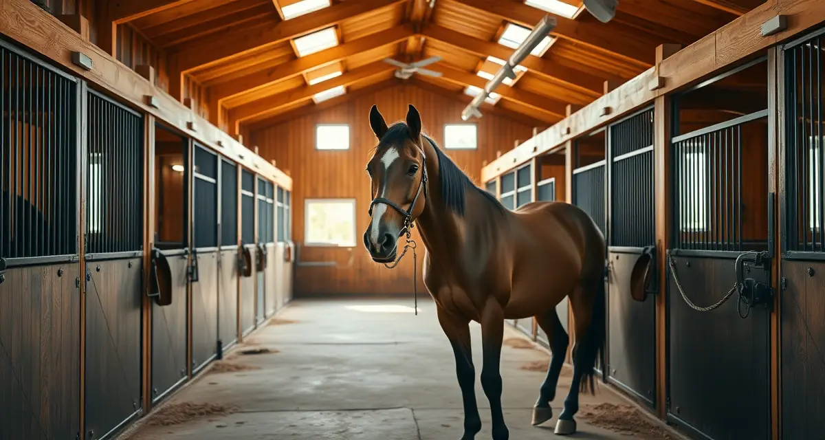 Modern horse barn interior showing organized stalls and facilities relevant to equine boarding contracts and liability management.