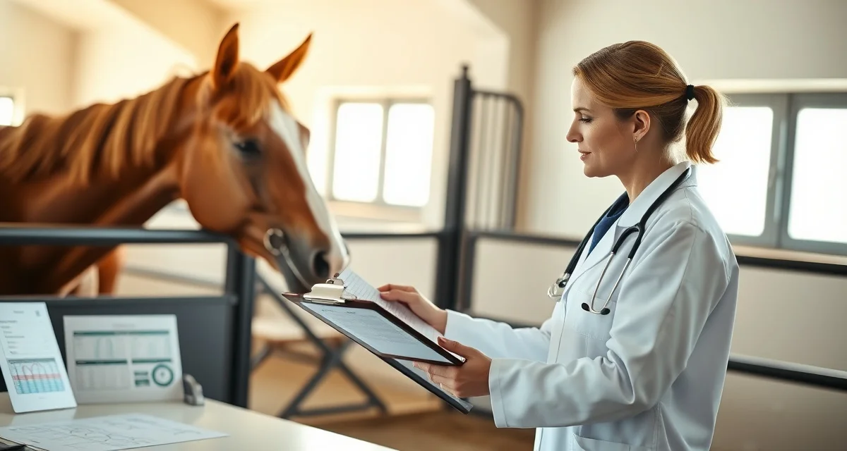 Veterinarian reviewing equine breeding records and documentation next to a registered mare in a professional stable setting