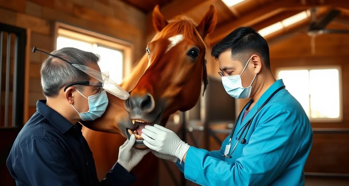 Equine dentist performing dental examination on horse in professional barn setting with organized scheduling management