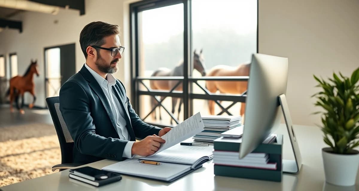 Equine facility manager reviewing client account ledger records with organized financial documentation and computer system at desk