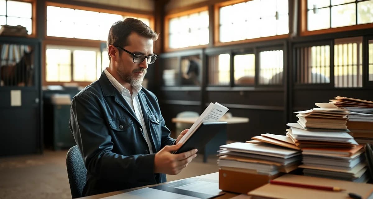 Professional horse barn manager maintaining client communication log records for accountability and dispute resolution in stable management