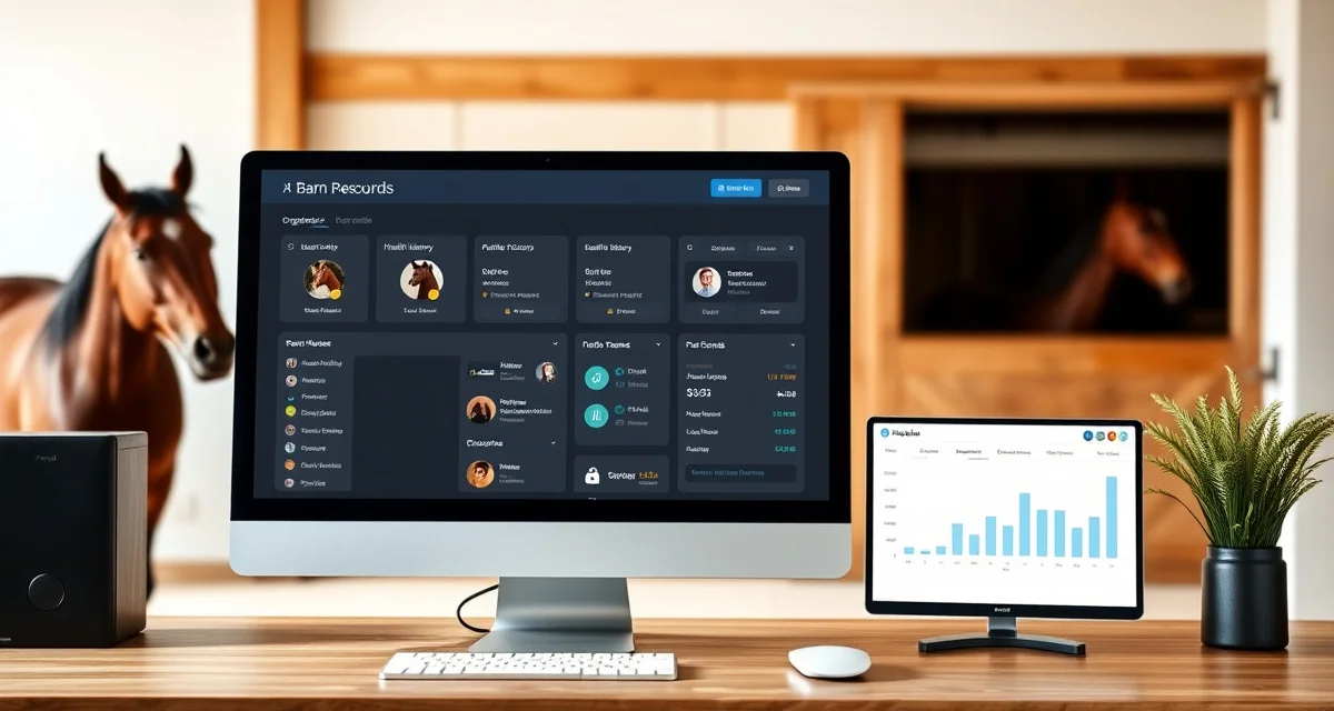 Digital equine facility data management system displaying organized horse records, health history, and performance tracking in a unified dashboard interface.