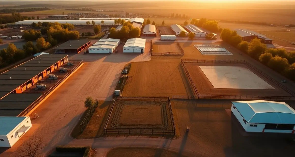 Aerial view of a planned equine facility with organized stalls, arenas, and designated expansion areas for sustainable growth.