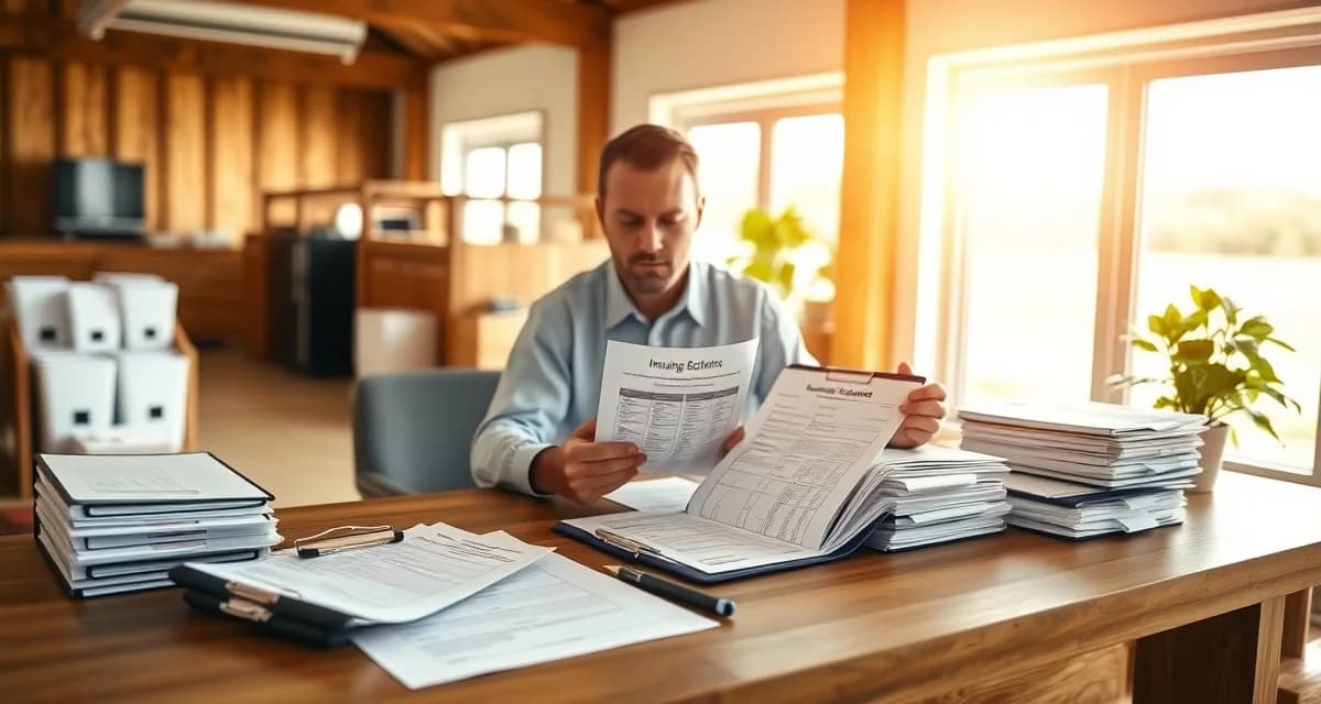 Barn manager organizing equine facility insurance documentation and compliance records on desk with checklist and digital tools