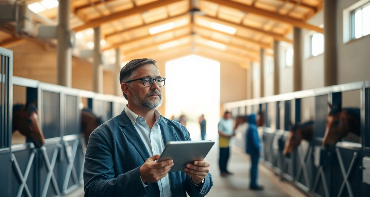 Organized horse barn interior showing efficient equine facility management with clean stalls, organized equipment, and professional staff oversight.