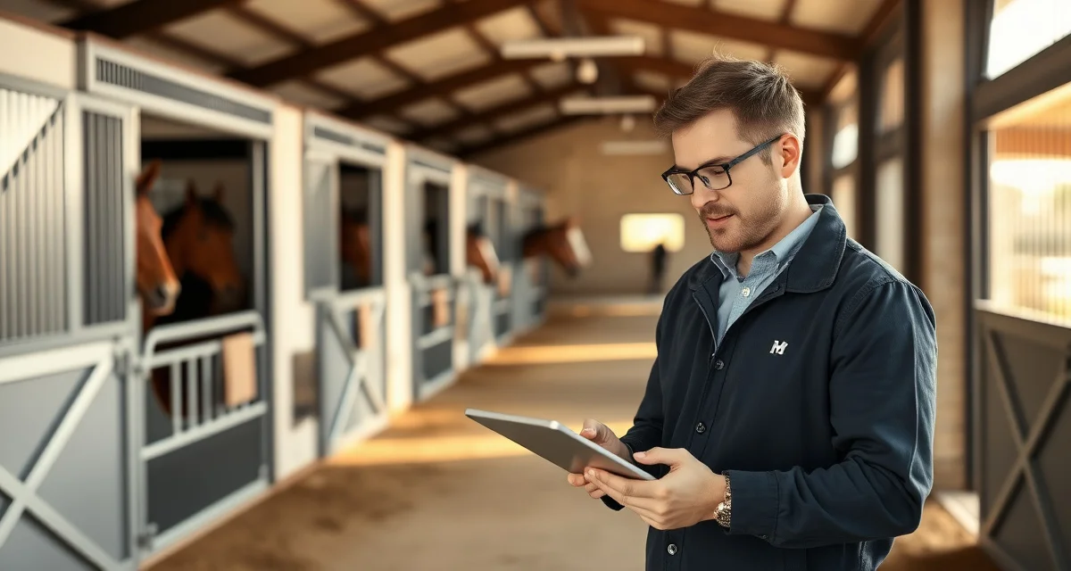 Barn manager using equine facility daily operations software on tablet in organized horse stable environment