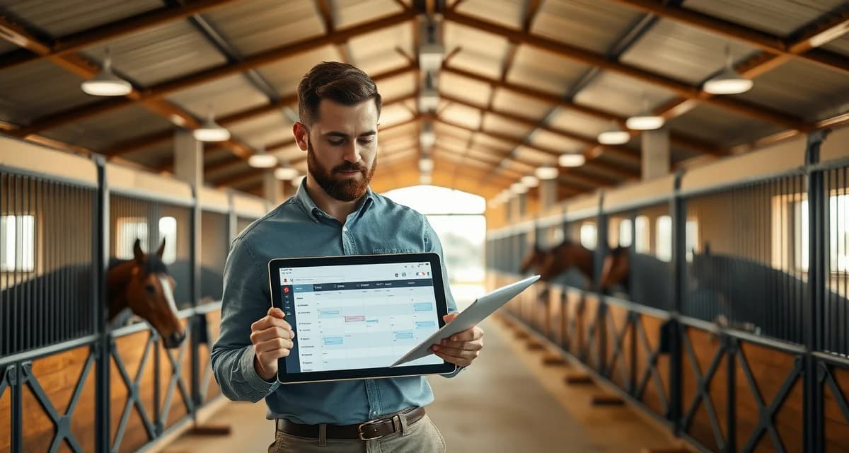 Equine facility manager using digital scheduling software to organize horse care routines, health maintenance, and staff shifts at a professional stable.