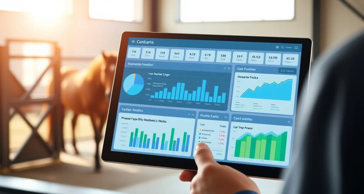 Equine facility software evaluation checklist displayed on laptop screen in modern barn office environment with organized management tools