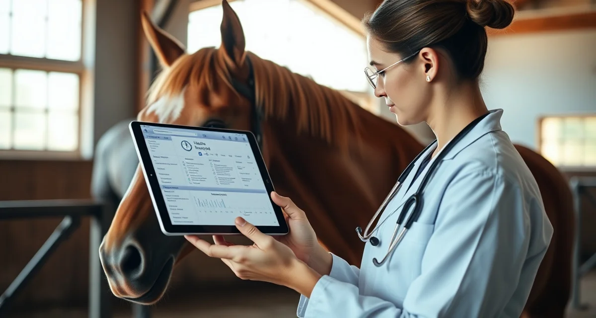 Veterinarian reviewing digital equine health records on tablet in professional barn setting with organized medical documentation