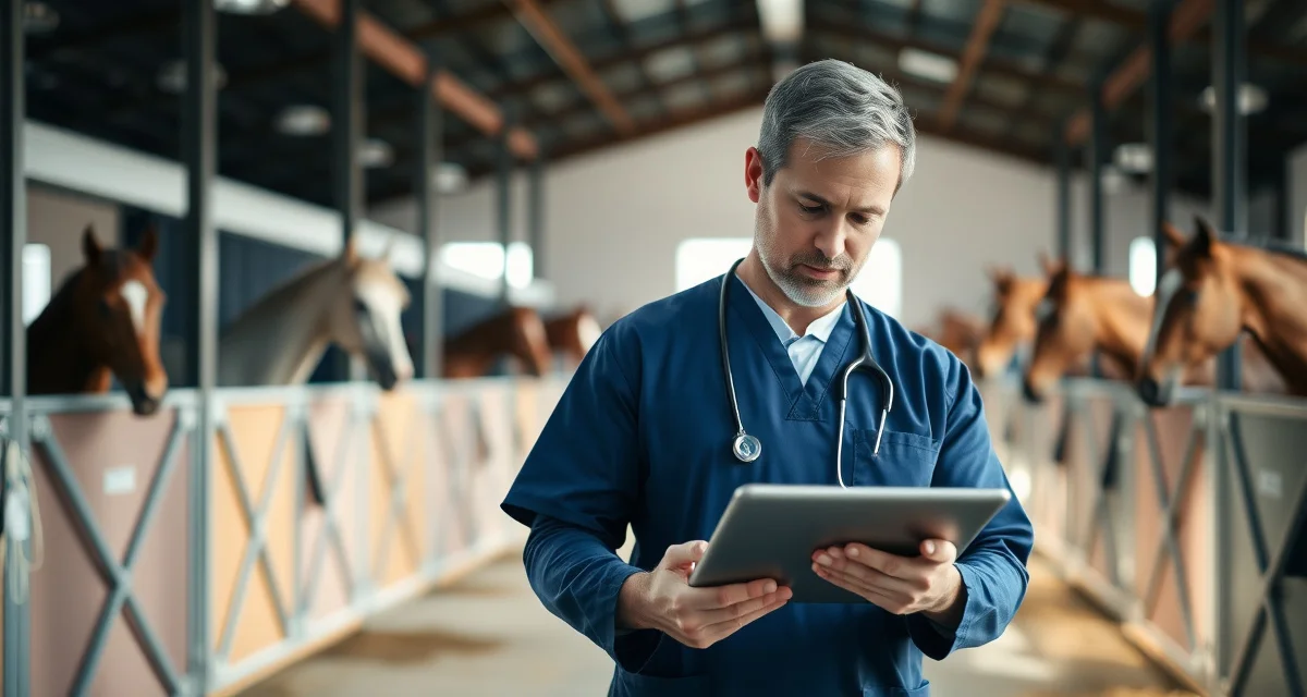 Veterinarian reviewing digital equine health records on tablet in organized horse barn with modern record management system