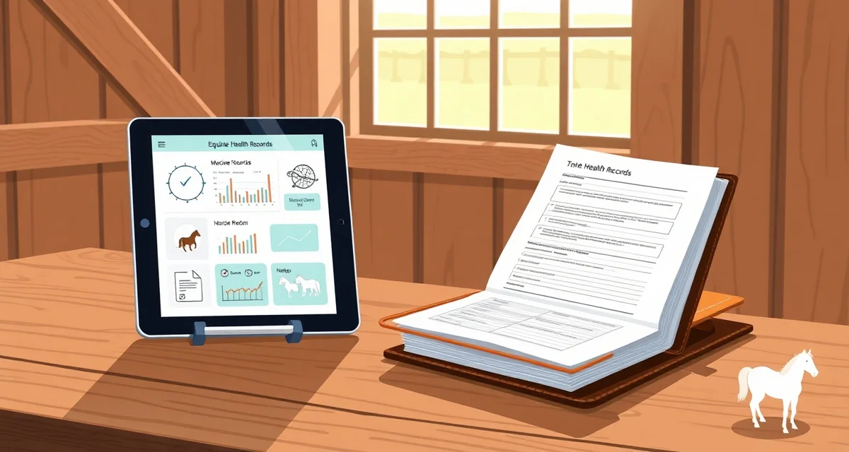 Digital and physical equine health records organized together showing veterinary vaccination history, injury logs, and farrier visit documentation