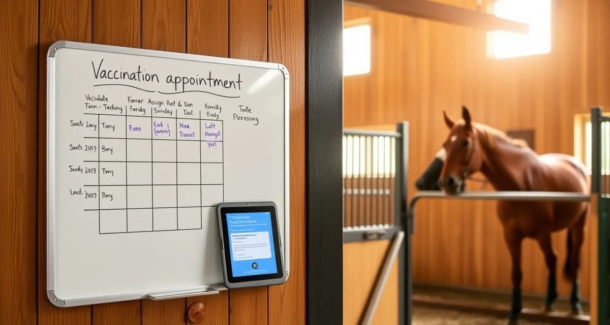 Organized horse barn health reminder system with digital and manual tracking methods displayed on wall and tablet for vaccine and farrier appointments.