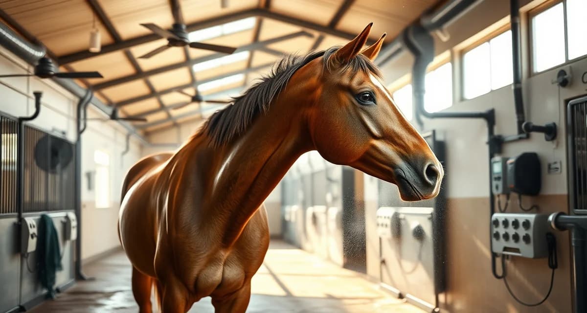 Modern horse barn equipped with cooling fans and water stations for equine heat stress management and prevention during summer months.