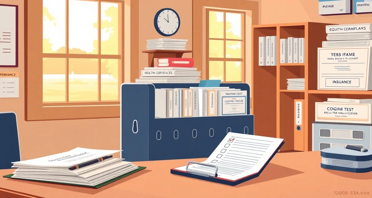 Organized equine insurance documentation including Coggins certificates, health records, and liability coverage files for horse barn management