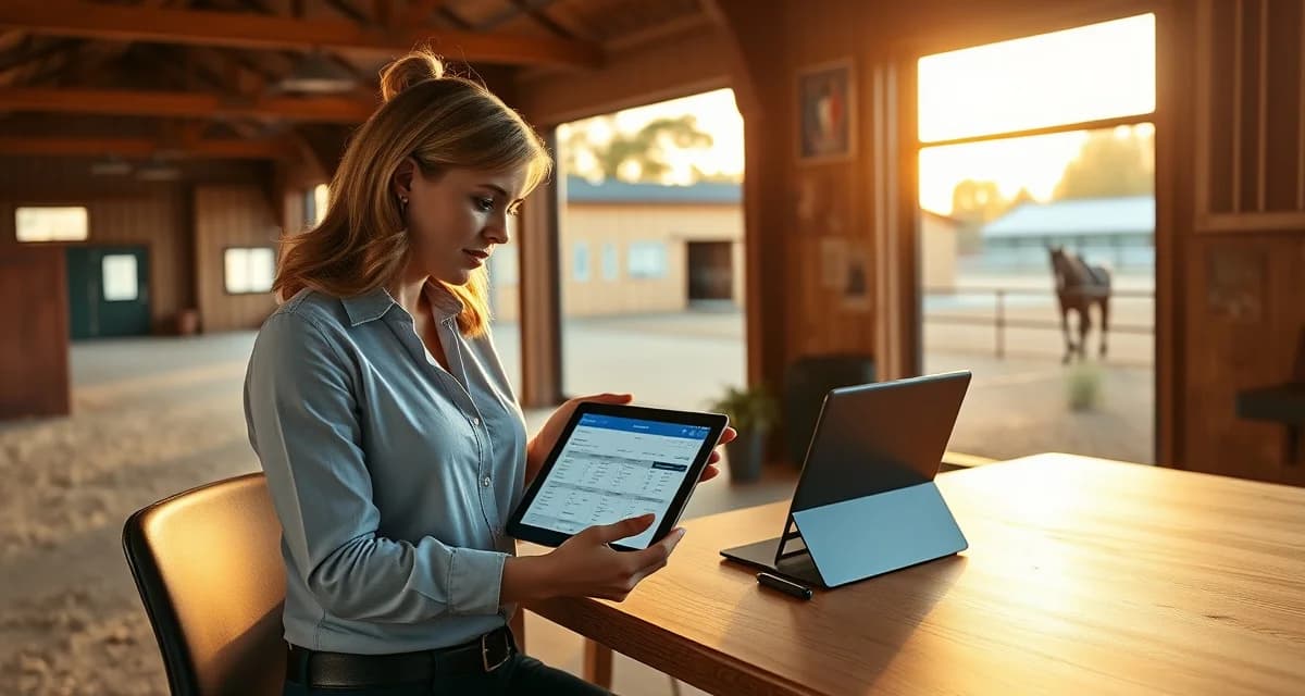 Equine facility manager organizing lesson schedules and student records using barn management software on tablet in office