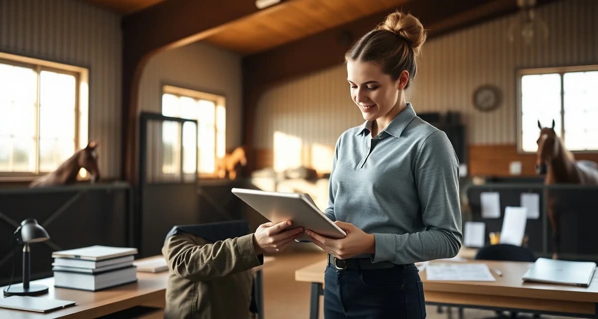 Horse barn instructor managing lesson schedules using equine lesson management software on tablet device in modern stable office