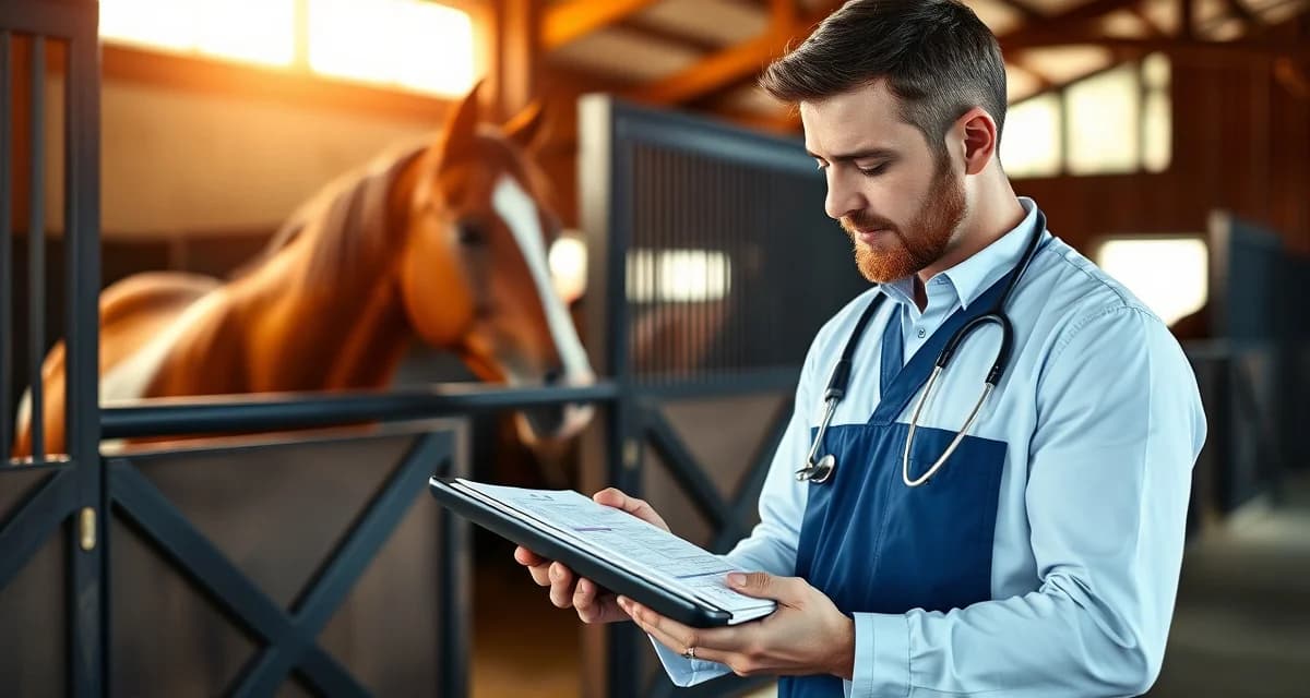 Veterinarian reviewing comprehensive equine medical records on digital tablet in professional horse barn setting