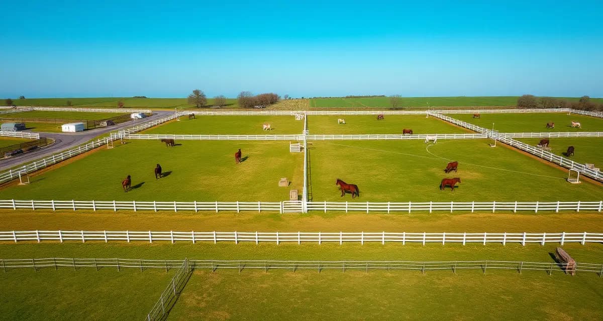 Well-maintained horse pasture paddocks with white fencing, healthy green grass, and grazing horses at an equine facility