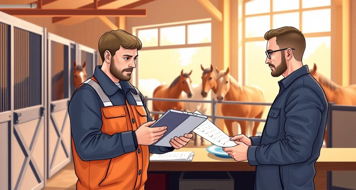 Two barn staff members reviewing shift handover documentation on digital device during crew transition at equine facility