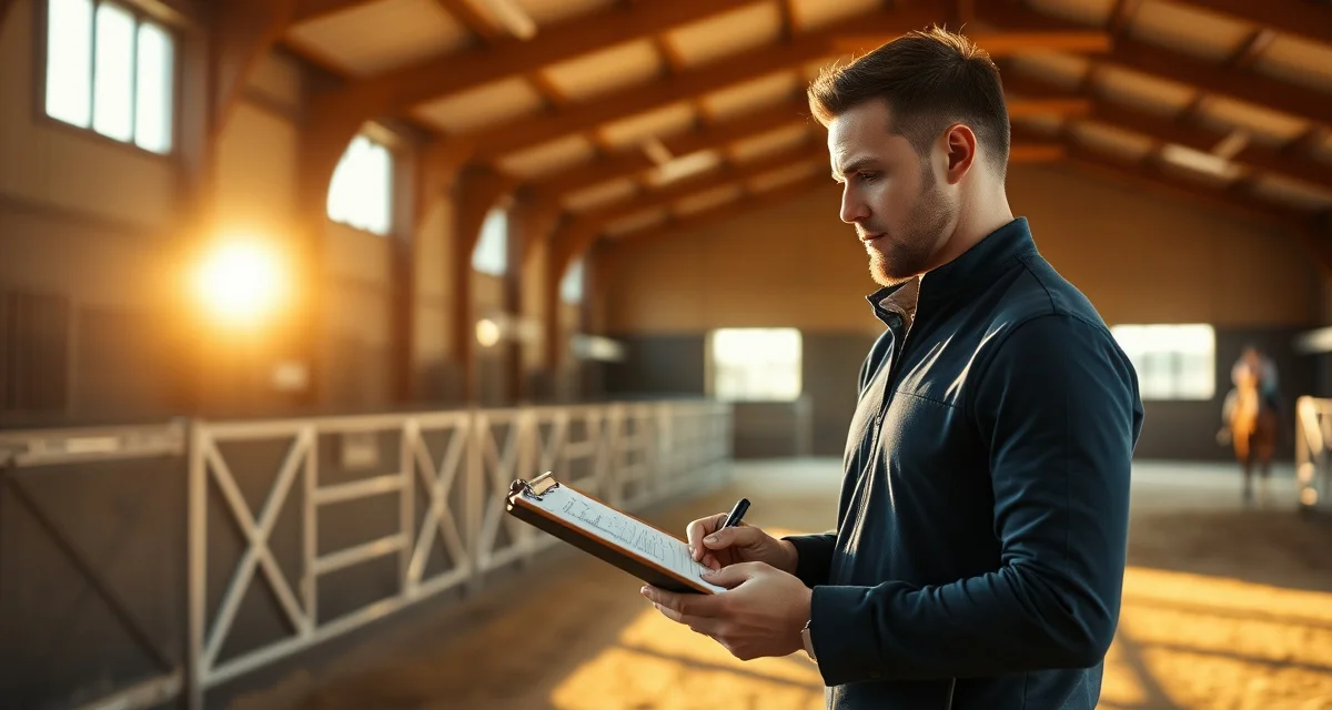 Equestrian trainer logging training session details on clipboard in horse barn stable management setting