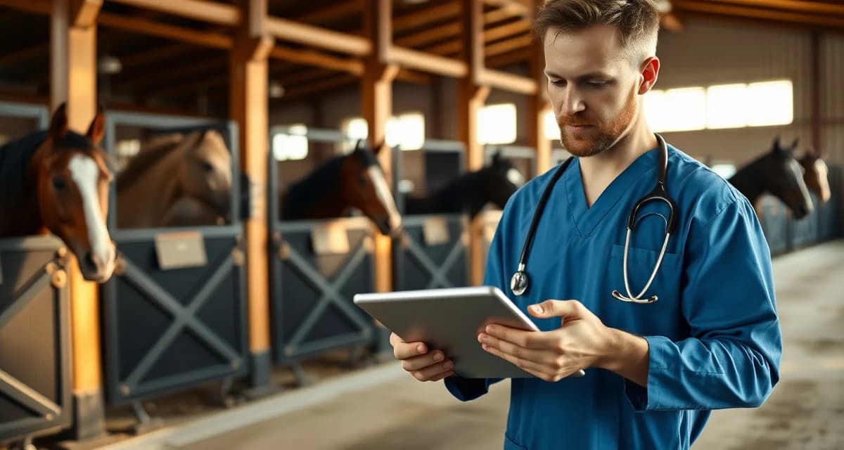 Veterinarian reviewing horse vaccine records on digital tablet in professional barn management system interface
