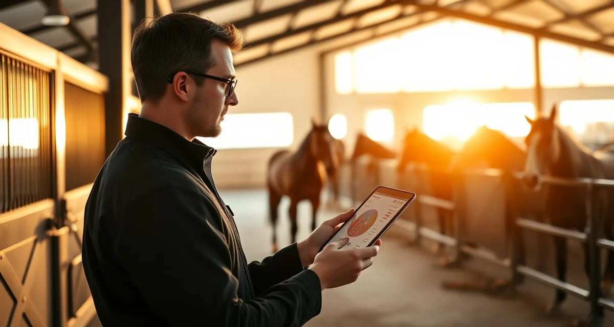 Eventing barn facility manager monitoring horse health data on digital software platform in modern stable facility