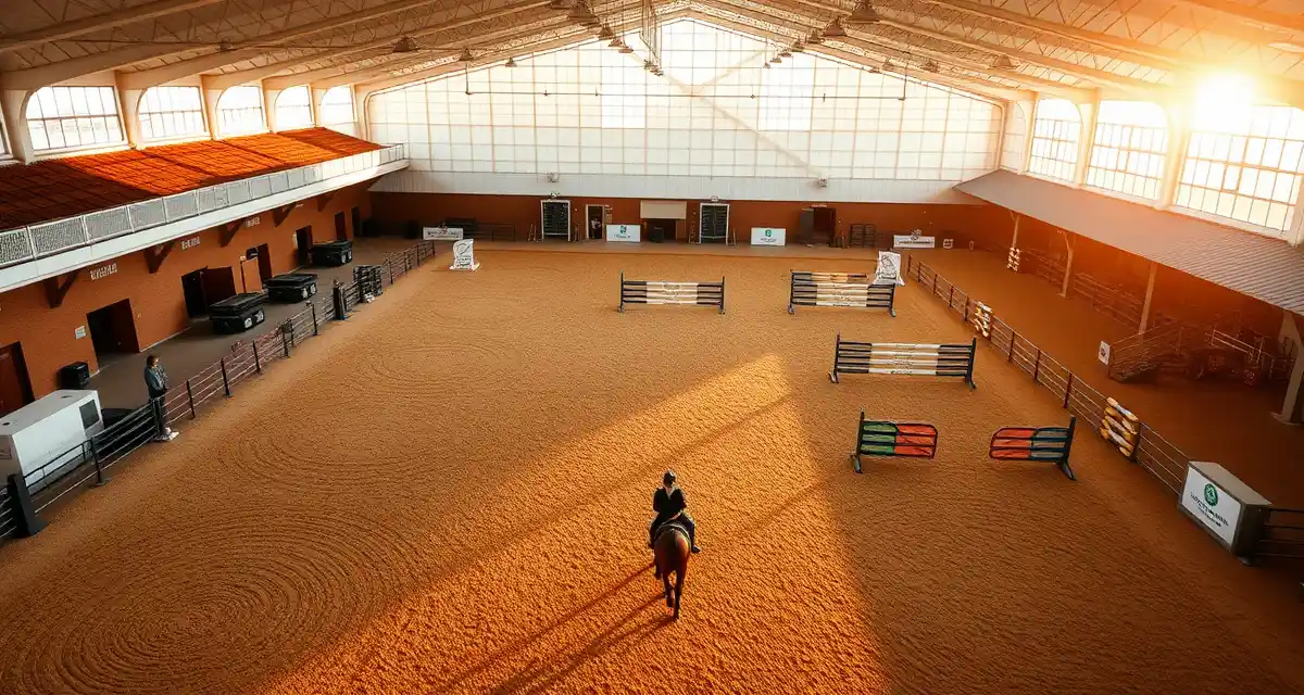 Eventing barn management facility showing organized stables, training areas, and three-phase event course setup for dressage, cross-country, and jumping.