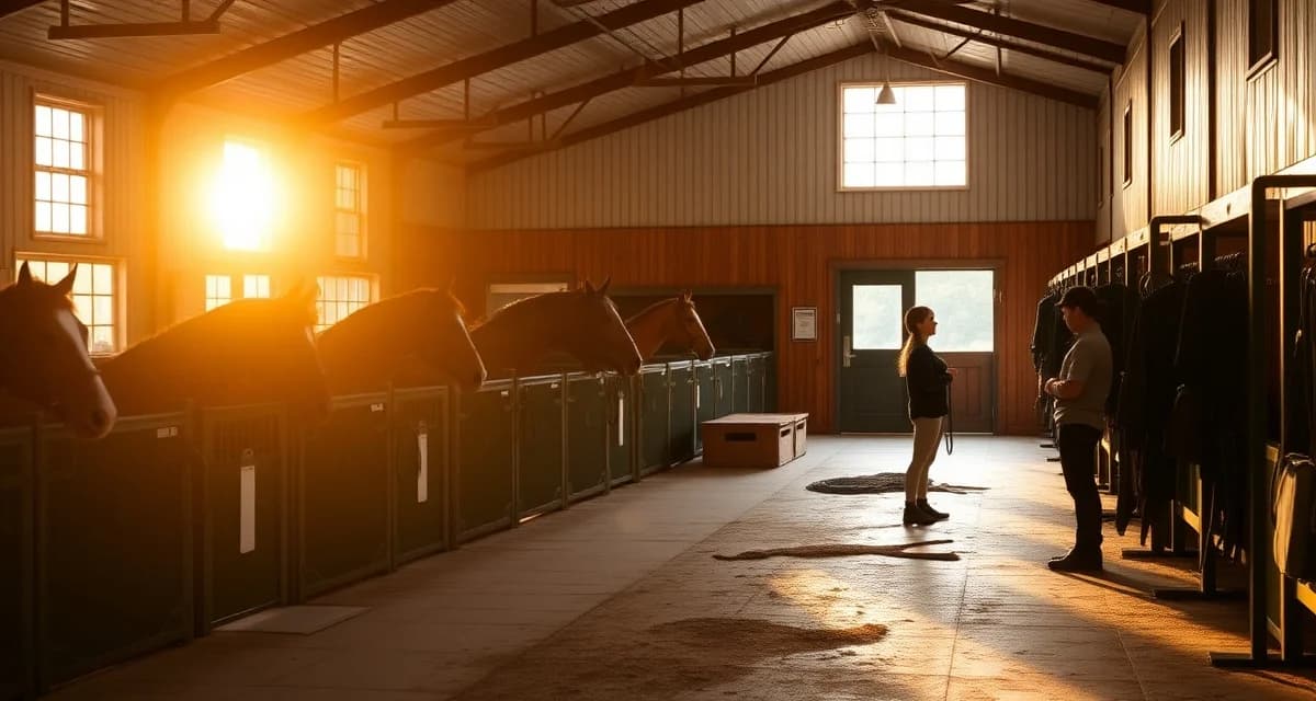 Professional eventing barn facility showing organized stalls, tack room, and horse management systems for year-round stable operations.