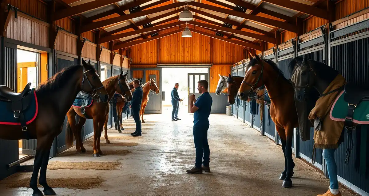 Professional horse barn facility showing organized eventing operations with multiple horses in training and conditioning programs