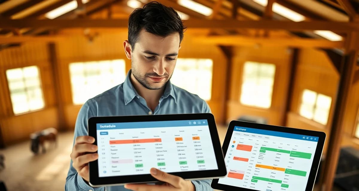 Eventing barn manager using scheduling software to coordinate dressage, cross-country, and show jumping arenas simultaneously.