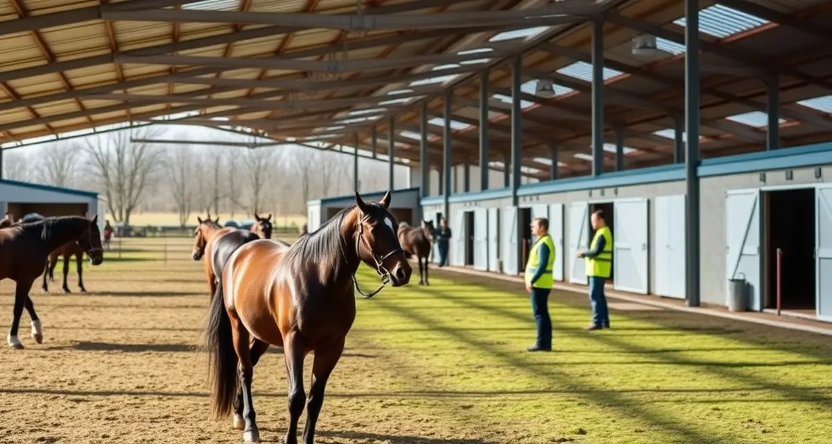 Equestrian facility manager overseeing horse health and barn operations during spring eventing season with organized facility infrastructure.