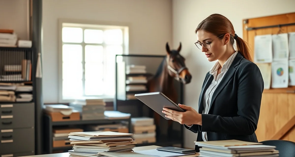 Eventing barn facility manager using specialized barn management software to track veterinary records and competition schedules