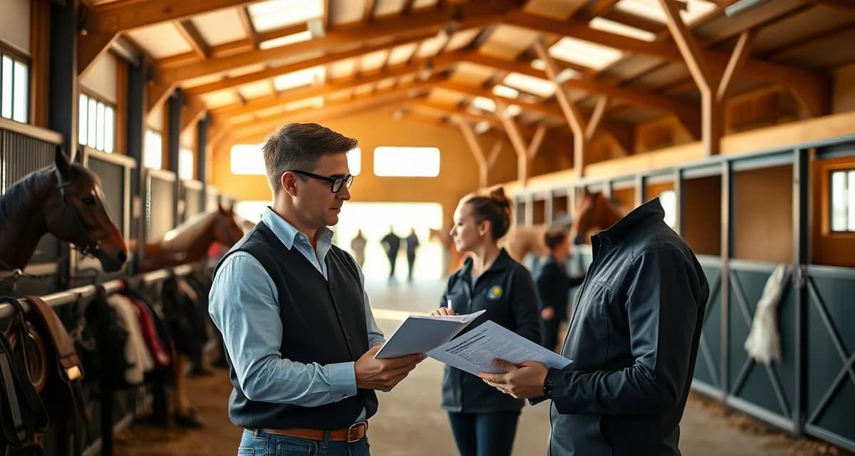 Eventing barn staff manager coordinating with team members to manage complex horse care and competition schedules at a professional facility.