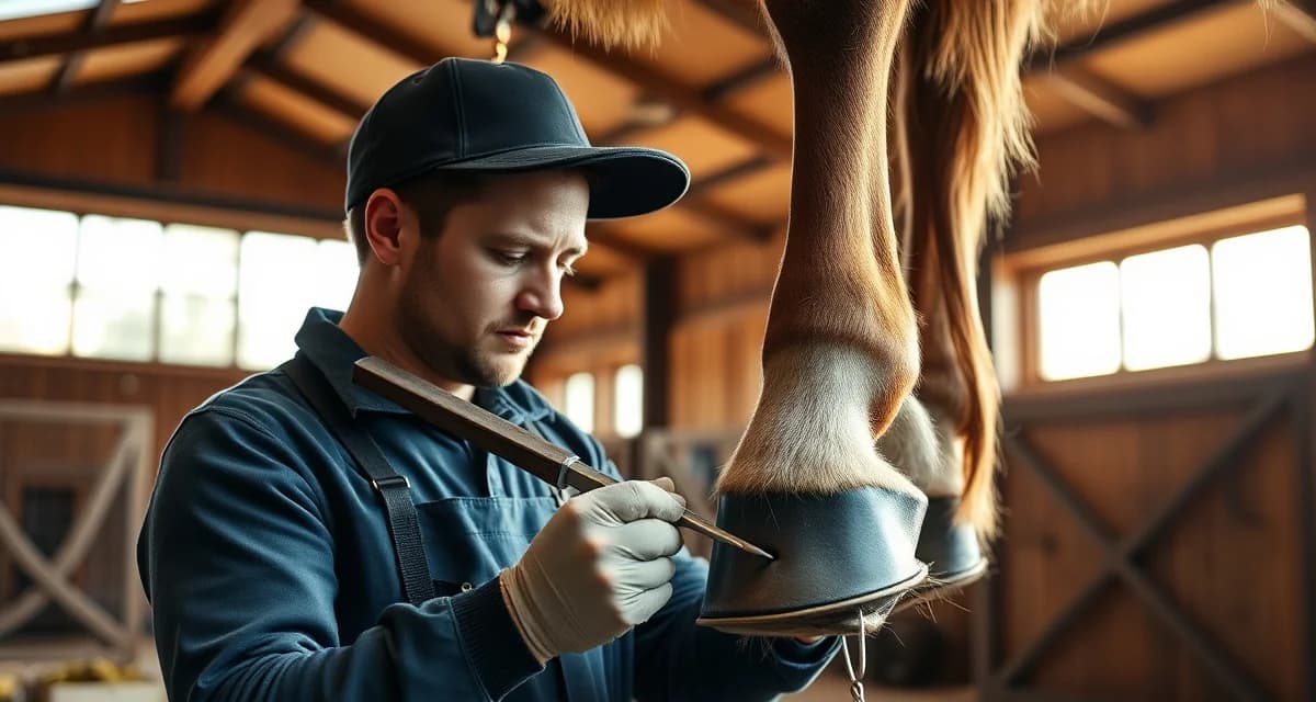 Farrier performing hoof trimming on horse in boarding barn, demonstrating farrier billing service management