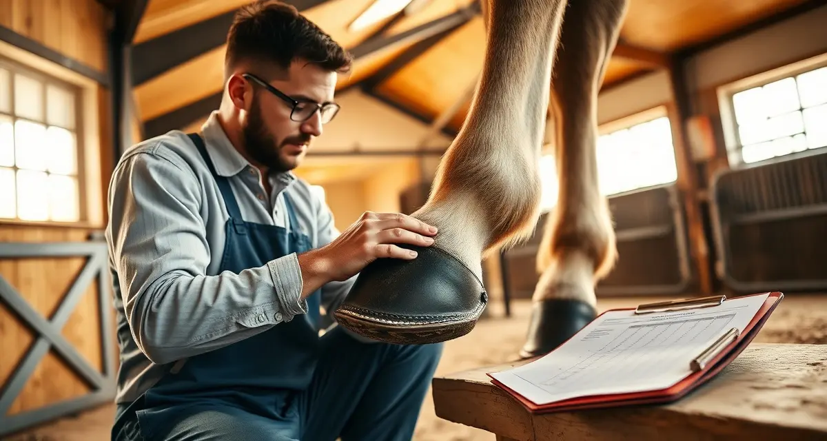Farrier performing hoof care on endurance horse with conditioning and metabolic recovery documentation in professional barn setting.