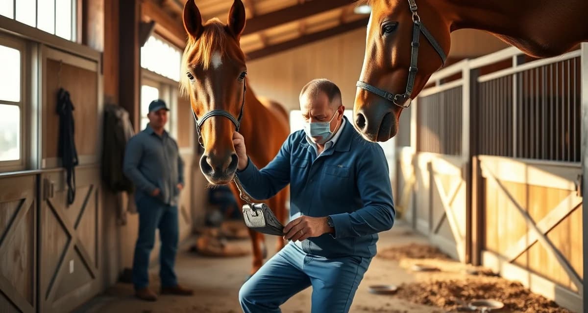 Professional farrier trimming and shoeing a reining horse while barn owner watches in modern stable facility