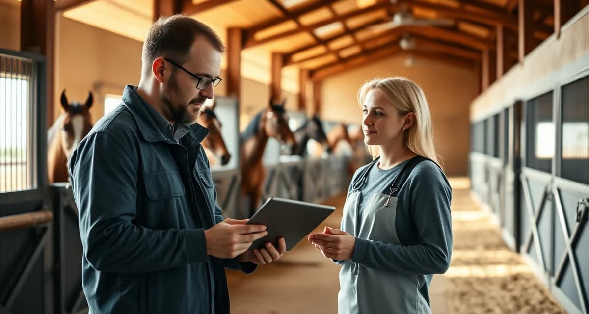 Barn manager using farrier scheduling coordination software on tablet with farrier in professional horse stable environment